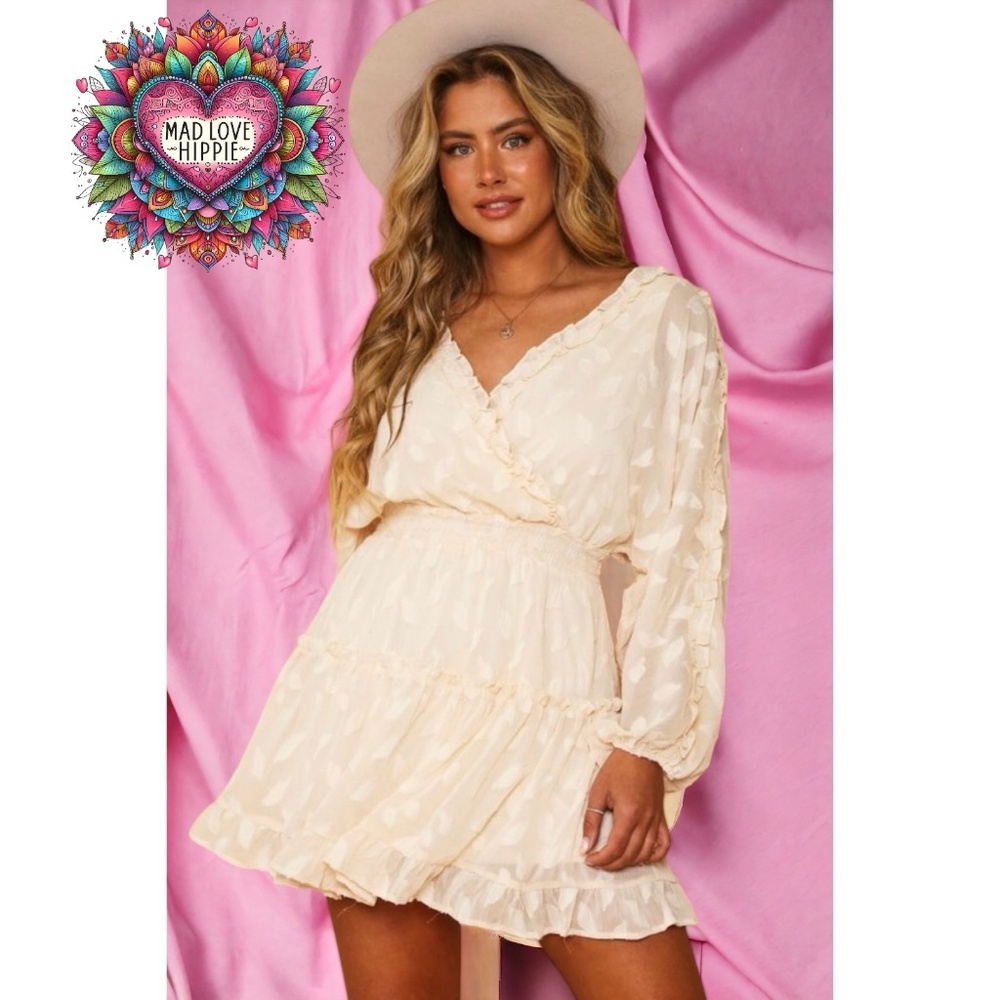 Peach Love Southern Belle Cream V Neck Smocked Waist Long Sleeve Mini Dress